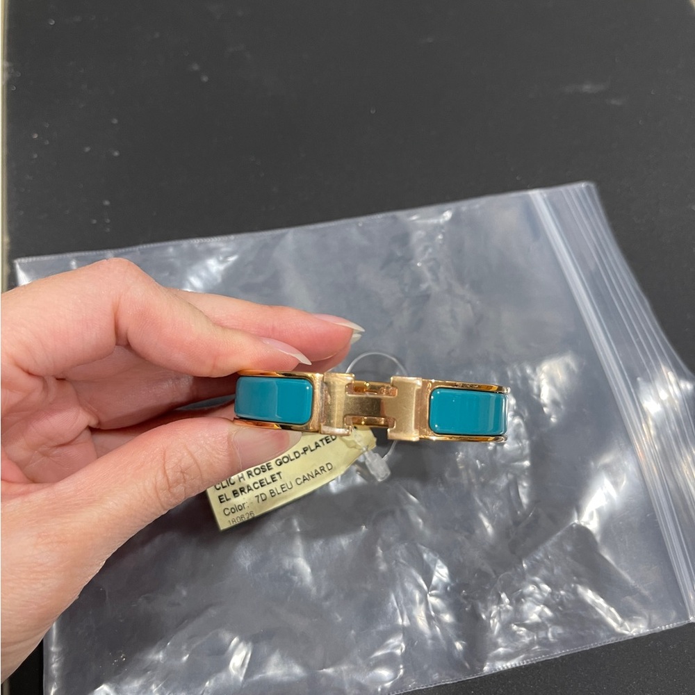 Hermes Clic H Rosegold plated Enamel Bracelet Blue Canard, PM